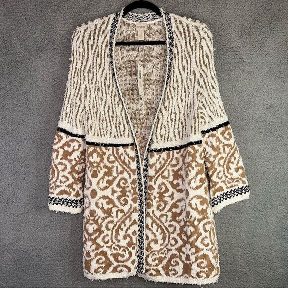 Chico's Sweater Women's Medium Cream Pattern Mix Audrey Open Front Cardigan NEW - Picture 2 of 10